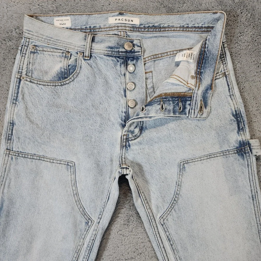 PacSun Double Knee Jeans Mens 31x32 Blue Light Wash Vintage Loose Carpenter